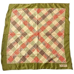 Vintage Christian Designer Scarf – Green Red Brown Geometric Print